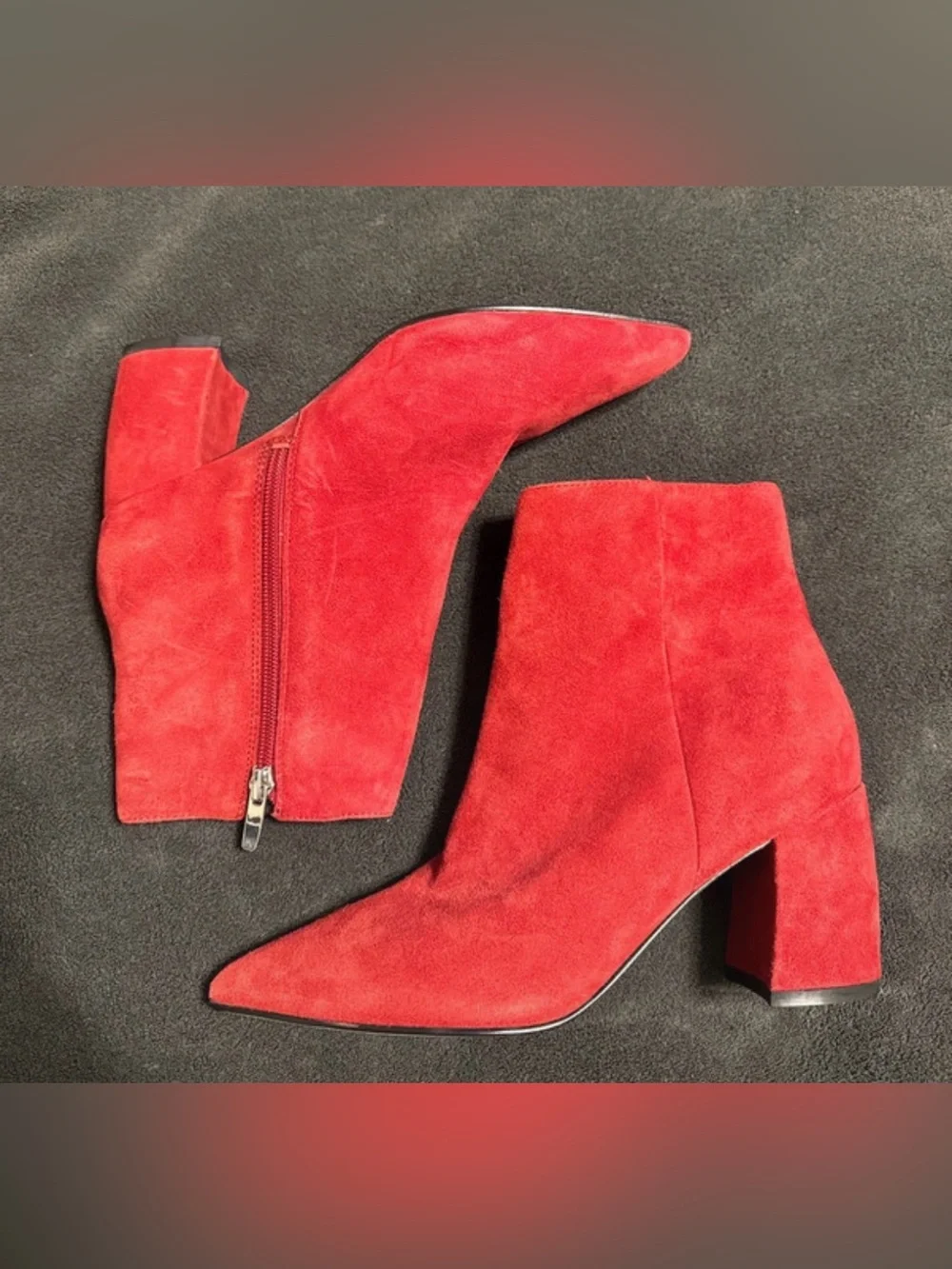 Marc Fisher Red Suede Pointed-Toe Block Heel Ankle Boots
